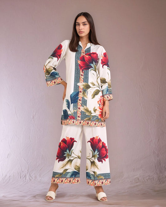 Majestic Rose OffWhite (Digital Printed 2 Pcs) DIGITAL 2PC PREMIUM FABRIC | SUMMER FIT | STITCHED