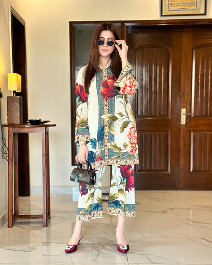 Majestic Rose OffWhite (Digital Printed 2 Pcs) DIGITAL 2PC PREMIUM FABRIC | SUMMER FIT | STITCHED